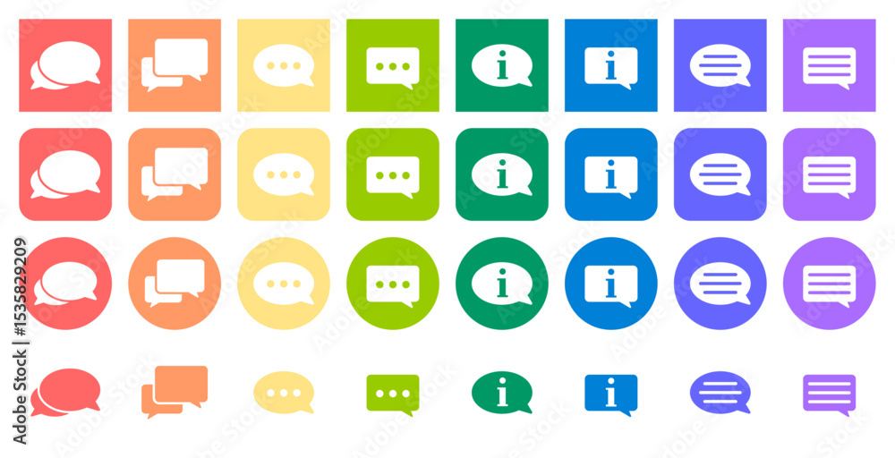 Set of speech bubble icons. Live chat or support, info. Set of multicolored round and square icons. Set of speech bubble icons. Live chat or support, info. Set of multicolored round and square icons.