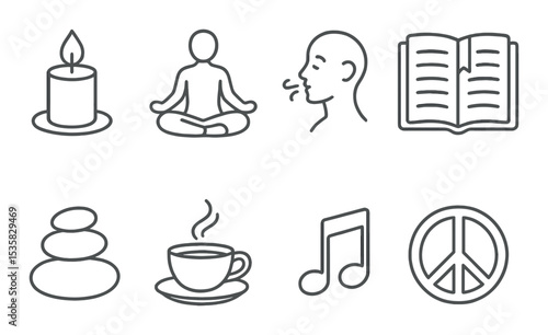 Mindfulness in linear style: candle, lotus pose, breath icon, journal, zen stone, tea cup, soft music note, peace symbol.