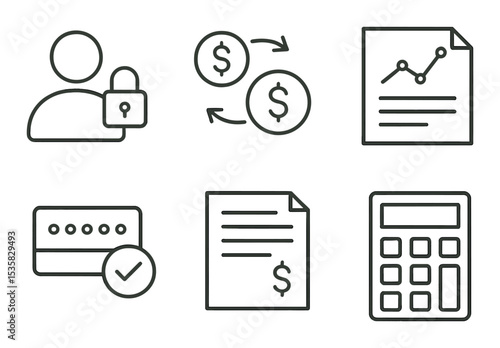 Online finance: account icon, lock, money transfer, finance report, pin code, verification, statement, calculator. Linear style, isolated, no text
