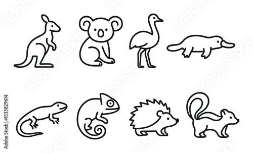 linear style icons of animals: kangaroo, koala, emu, platypus, lizard, chameleon, hedgehog, skunk.