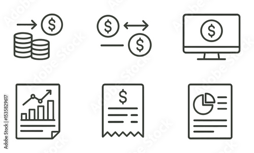 Money flow: inflow, outflow, transaction, balance, overview, report, chart, receipt. Linear style, isolated, no text