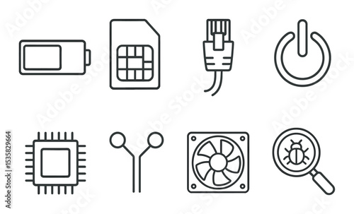 Technology icons linear style: battery indicator, SIM card, ethernet cable, power button, BIOS chip, circuit trace, cooling fan, debug tool.