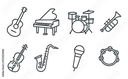 Musical instruments linear icons: guitar, piano, drums, trumpet, violin, saxophone, microphone, tambourine.
