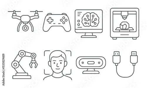 Technology icons linear style: drone, controller, AI interface, 3D printer, robotic arm, facial recognition, VR sensor, data cable.