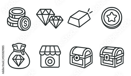 Game currencies: coins, diamonds, gold bar, tokens, point icon, gem pouch, shop currency, loot chest. Linear style, isolated, no text