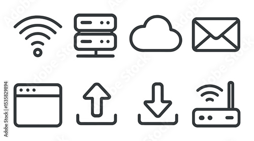 Internet icons linear style: wifi, server, cloud, email, browser window, upload, download, router.