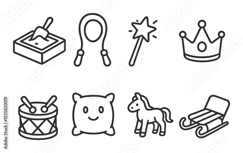 Children icons linear style: sandbox, jump rope, magic wand, princess crown, toy drum, cartoon pillow, plastic animals, snow sled.