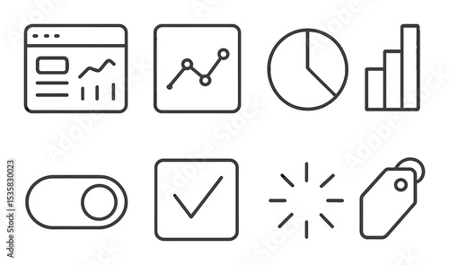 linear style icons of UI: dashboard, analytics graph, pie chart, bar chart, toggle switch, checkbox, loading spinner, tag.