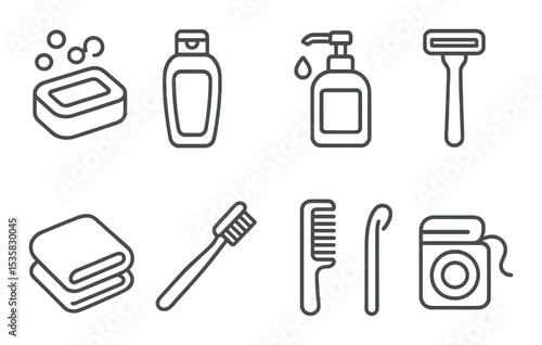 Personal hygiene in linear style: soap bar, shampoo bottle, handwash, razor, towel, toothbrush, comb, floss.