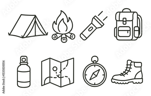 Camping essentials in linear style: tent, campfire, flashlight, backpack, water bottle, map, compass, hiking boots.