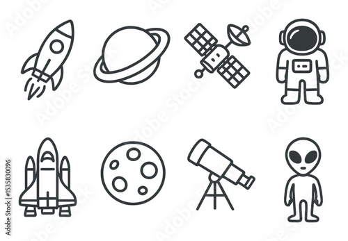 Space exploration, linear style: rocket, planet, satellite, astronaut, space shuttle, moon, telescope, alien.