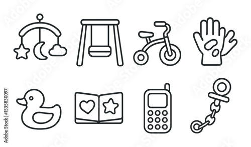 Children icons linear style: nursery mobile, kids swing, tricycle, finger paint, bath duck, sticker book, toy phone, pacifier clip.