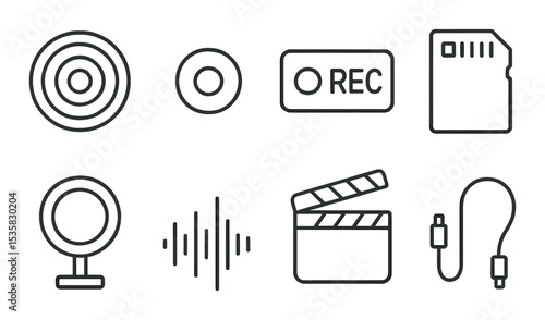 Video recording: camera lens, record button, REC icon, SD card, light ring, audio meter, clapboard, cable. Linear style, isolated, no text