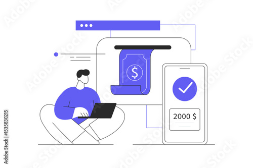 Man Character paying online and receiving bonus money or reward back on credit card. Cashback, financial savings and money exchange. Flat Cartoon Vector Illustration, icon. Stylish abstract design 