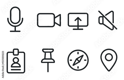 linear style icons of UI: mic, video camera, screen share, mute icon, badge, pin, compass, location pin.