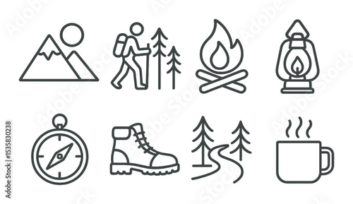 Travel icons linear style: mountain view, forest hike, bonfire, tent light, compass, hiking boots, river crossing, camp mug.