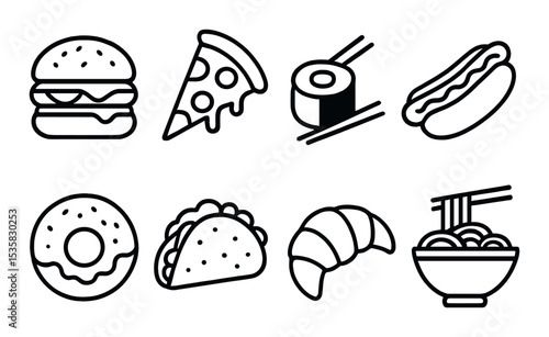 linear style icons of food: burger, pizza slice, sushi roll, hot dog, donut, taco, croissant, bowl of ramen.