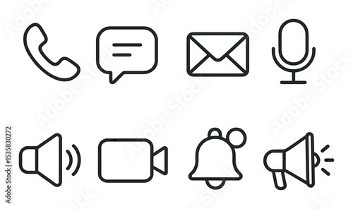 Communication tools in linear style: phone, chat bubble, email, microphone, speaker, video call, notification, megaphone.