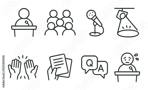 Public speaking in linear style: speaker icon, audience, microphone, stage spotlight, applause, cue cards, Q&A, nervous presenter.