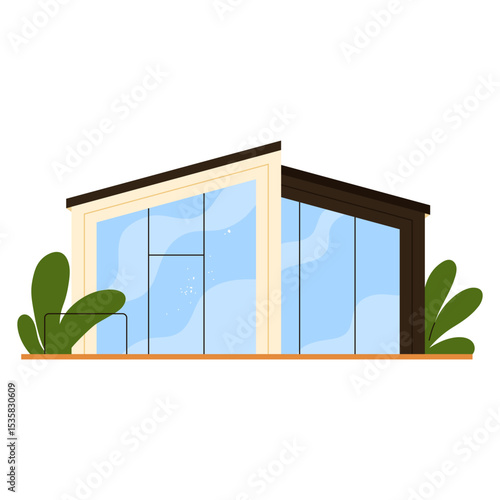 Asymmetrical roof tiny house with large glass walls and minimal design. Stylish eco-friendly  modular cabin. Sustainable architecture concept. Vector illustration in cartoon style. Isolated background