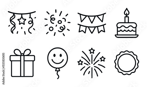 Holidays & celebrations in linear style: party decor, celebration confetti, birthday banner, cake topper, present ribbon, smiley balloon, fireworks burst, event sticker.