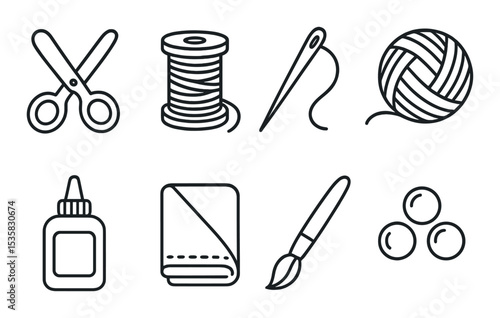 Craft hobbies linear icons: scissors, thread, needle, yarn, glue bottle, fabric, paintbrush, beads.