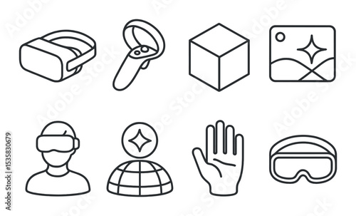 Virtual reality, linear style: VR headset, motion controller, 3D cube, virtual space, avatar, cyberspace icon, hand tracker, goggles.