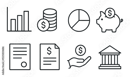 Financial icons: bar chart, coin stack, pie chart, piggy bank, contract, loan, hand with money, bank building. Linear style, isolated, no text