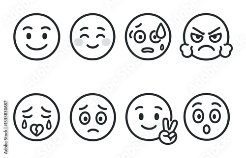 Emotion icons linear style: confident smile, bashful face, cold sweat, angry steam, heartbroken tears, guilty eyes, peace gesture, amazed face.