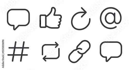 Social icons: chat, like, share, mention, hashtag, repost, link, comment. Linear style, isolated, no text