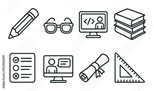 Education and e-learning, linear style: pencil, reading glasses, coding lesson, stack of books, test paper, online lecture screen, diploma scroll, math ruler.