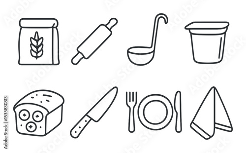 Food and drinks, linear style: flour bag, dough roller, soup ladle, yogurt cup, banana bread, chopping knife, table setup, dining napkin.