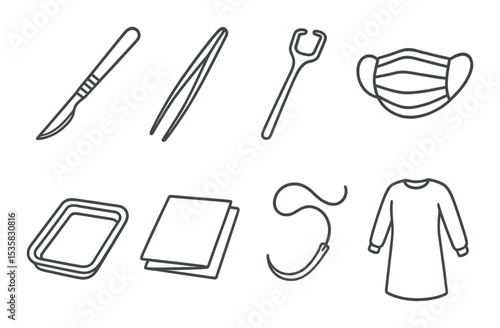 Surgical tools in linear style: scalpel, forceps, retractor, surgical mask, tray, drape, sutures, gown.