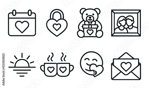 linear style icons of love: calendar with heart, lock with heart, teddy bear gift, photo frame of couple, sunset scene, shared coffee, cuddling emoji, pink envelope.