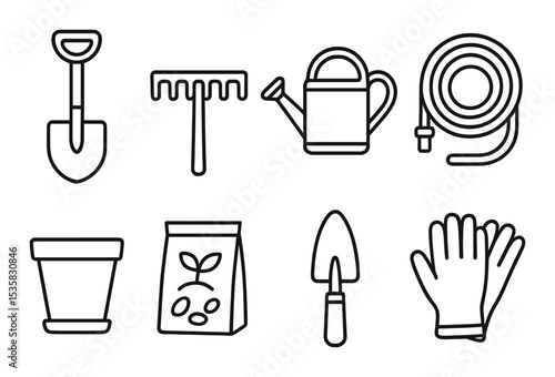 Gardening tools in linear style: shovel, rake, watering can, hose, plant pot, seeds, trowel, gloves.