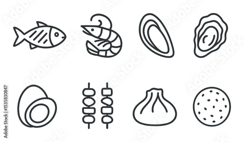 linear style icons of food: grilled fish, shrimp, mussel, oyster, boiled egg, skewers, dumpling, falafel ball.