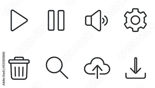 linear style icons of UI: play button, pause button, volume icon, settings gear, trash bin, search magnifier, upload cloud, download arrow.