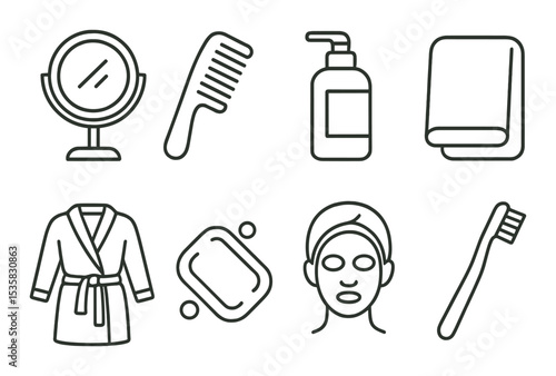 Self-care routine in linear style: mirror, comb, skincare bottle, towel, bathrobe, soap, face mask, toothbrush.