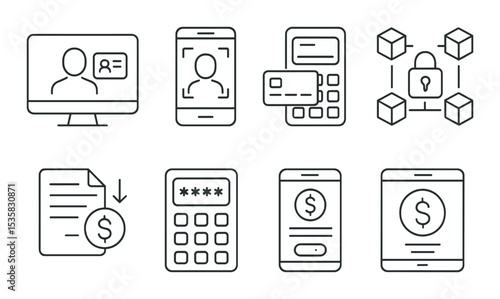 Digital banking: online ID, mobile scan, card reader, blockchain icon, deposit slip, pin code, interface, app. Linear style, isolated, no text