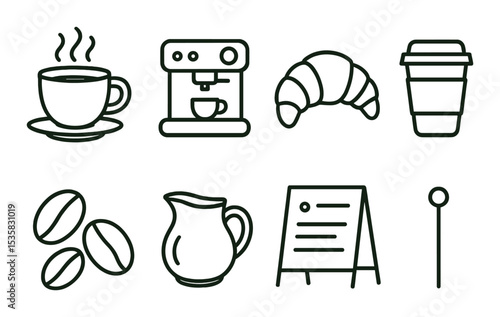Coffee shop items linear icons: coffee cup, espresso machine, croissant, takeout cup, beans, milk jug, menu board, stir stick.