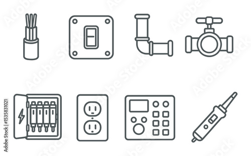 Construction icons linear style: electrical wire, switch box, piping, water valve, fuse box, outlet plate, control panel, circuit tester.