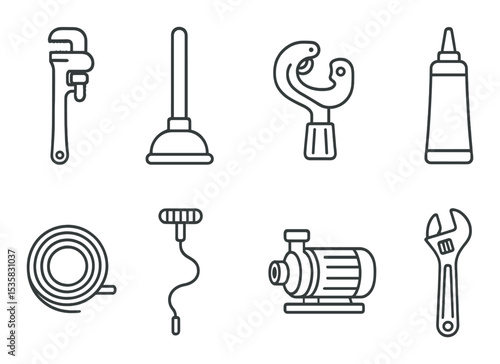Plumbing tools in linear style: pipe wrench, plunger, pipe cutter, sealant, tubing, drain snake, water pump, adjustable wrench.