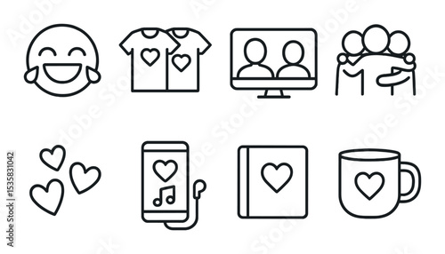 linear style icons of friendship: laughing emoji, matching t-shirts, joint video call, group hug, doodle hearts, shared playlist, memory album, friendship mug.