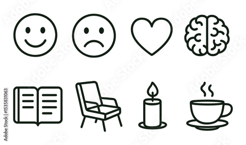 Emotional health in linear style: happy face, sad face, heart, brain, journal, therapy chair, candle, tea cup.