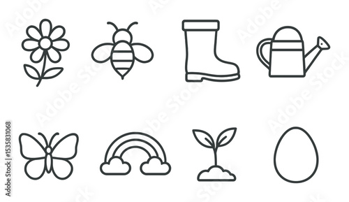 Spring icons linear style: flower, bee, rain boot, watering can, butterfly, rainbow, seedling, egg.