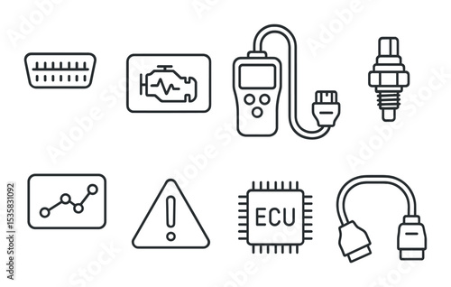 Car diagnostics tools: OBD port, fault code, scanner, sensor icon, data stream, error sign, ECU chip, cable. Linear style, isolated, no text