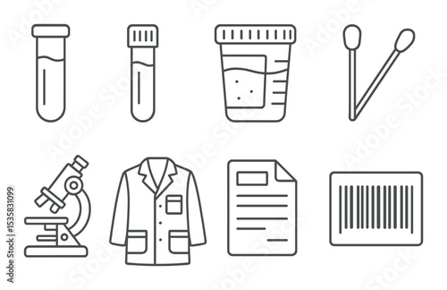 Medical tests in linear style: test tube, blood sample, urine cup, swab, microscope, lab coat, report, barcode.