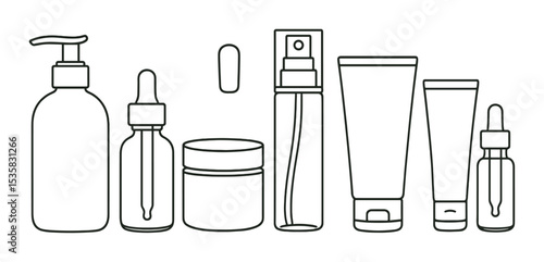 Skincare bottles: pump bottle, dropper, cream jar, mist spray, lotion, tube, gel, serum. Linear style, isolated, no text