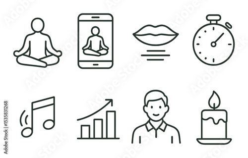 Online wellness: meditation, yoga app, breathing, sound icon, focus timer, progress chart, coach, candle. Linear style, isolated, no text
