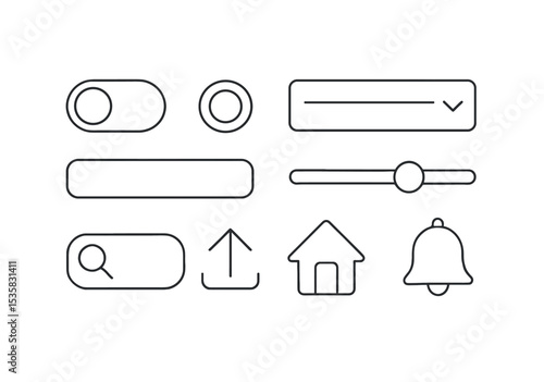 User interface elements, linear style: toggle switch, radio button, dropdown menu, slider, search bar, upload icon, home button, notification bell.